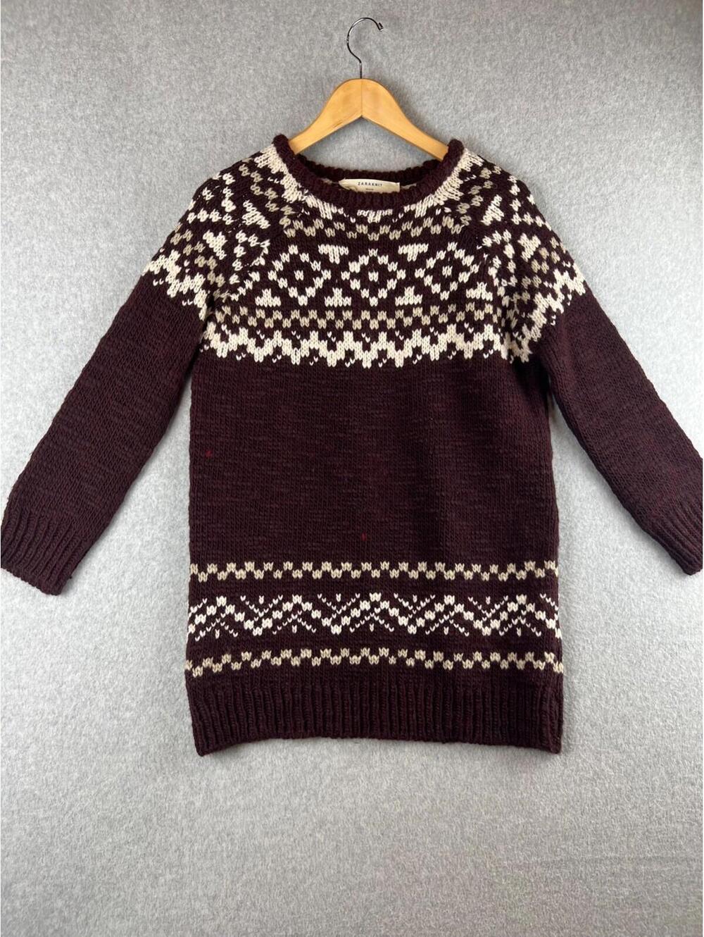 Zara Knit Faire Isle Aztec Wool Sweater Womens S Red Mid Western